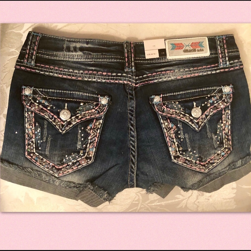 DENIM EMBROIDERED EMBELLISHED SHORTS - Picture 5 of 8